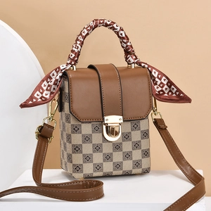 Women Mini Square Crossbody Bag PU Leather Checkerboard Floral Print Satin Scarf Handle Gold Lock Elegant Shoulder Handbag