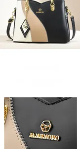 Close-up of golden metal logo and textured leather stitching on tricolor handbag