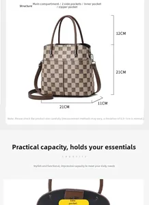 Detailed view of checkered tote bag dimensions 21x21x11cm with interior pocket structure