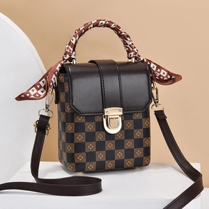 Retro plaid mini crossbody bag with floral pattern and silk scarf handle detail