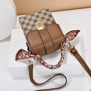 Retro plaid mini crossbody bag with leather trim and decorative silk scarf on handle