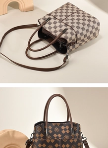 Detail view of the beige checkerboard and vintage floral patterns on stylish bucket bags