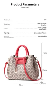 Detailed view of the red handles and dimensions for the patterned tote handbag