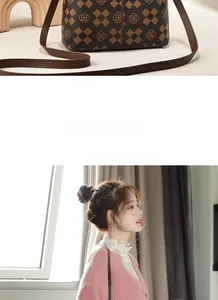 Detail of vintage brown monogram handbag with diamond pattern and model wearing shoulder bag