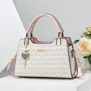 Women Monogram PU Leather Shoulder Bag Vintage Large Capacity Commuter Handbag With Heart Artificial Pearl Pendant Tote Bucket Bag
