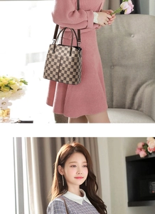 Detail of checkered shoulder bag with leather handles and model lifestyle view