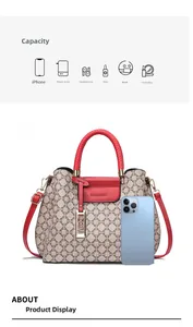 Detail of printed handbag showing interior capacity for phone and essentials