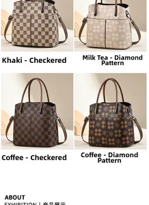 Detail view of four large capacity tote bags in khaki and coffee with checkered patterns