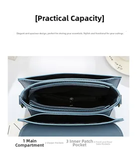 Detail view of the blue PU leather crossbody bag with multiple inner compartments