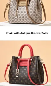 Detail of premium textured handbags in khaki and brown with classic floral patterns
