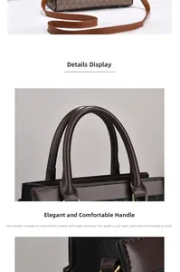 Vista dettagliata della borsa tote con motivi geometrici marroni e manici in pelle