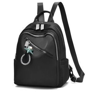 Chic black soft leather backpack for women with star charm and silver zippers