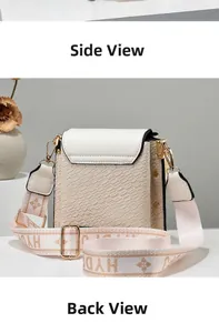Detail view of cream-white crossbody bag featuring woven texture and wide logo strap
