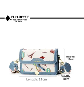 Detailed size chart showing dimensions 21x14x8 cm of travel print crossbody bag