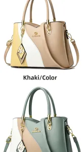 Detail of lychee pattern PU leather tote with three-color stitching and metal brand logo