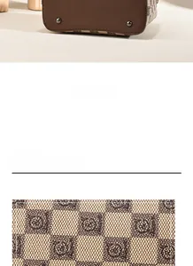 Detailed view of the checkered fabric texture and protective metal feet on the bag bottom
