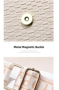 Close-up of white leather texture with gold magnetic clasp and jacquard fabric strap