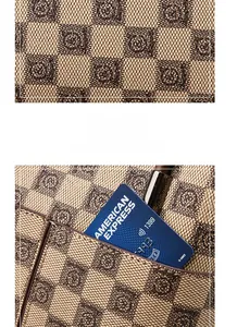 Detail of checkered jacquard handbag fabric with vintage floral patterns and card side pocket