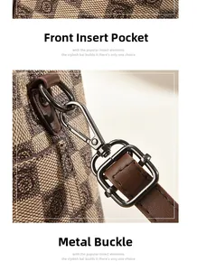 Detail of brown checkered handbag featuring functional front pocket and vintage metal hook