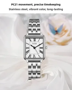 Detail of square silver quartz watch with Roman numerals and precise PC21 movement