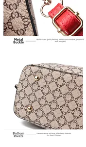 Detail of beige jacquard handbag with gold hardware buckles and anti-wear bottom studs