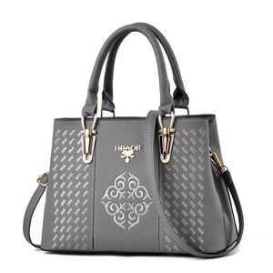 Grey faux leather tote bag with geometric embroidery and top handles for women