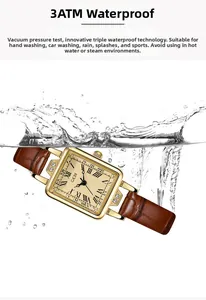 Water splash action showing 3ATM water resistance of this vintage gold square watch