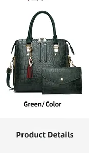 Detail of dark green crocodile texture handbag and wallet set with cat tassel charm