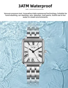 Detailed view of square silver watch dial with 3ATM waterproof splash resistance