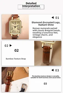 Detail view of retro square watch featuring Roman numerals and crystal lugs