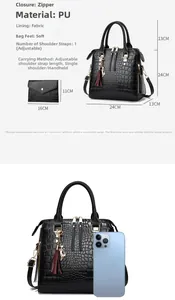 Detailed view of crocodile pattern tote bag size with dimensions and iPhone size comparison