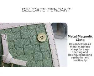 Detail of green checkerboard leather bag featuring a gold magnetic clasp and white pendant