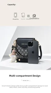 Detail view of mini crossbody phone bag with floral pattern and plush sheep charm