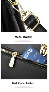 Detail of premium golden metal buckle and functional back zipper pocket on black leather bag