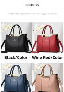 Collage of leather handbags in black, burgundy, blue, and pink with metal logos