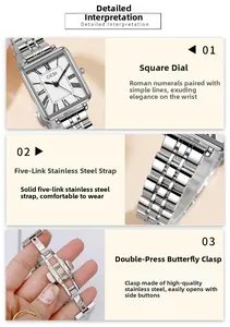 Detail view of square dial with Roman numerals and solid steel five-link watch band