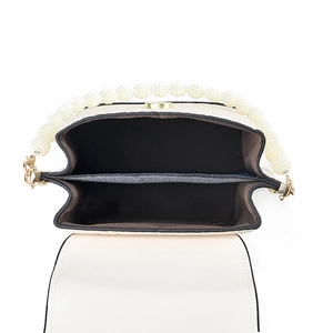 Chic beige crossbody phone bag with pearl handle featuring double interior compartments