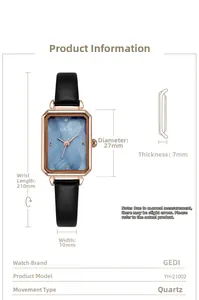 Detailed specifications of GEDI women's square watch with blue dial and leather strap