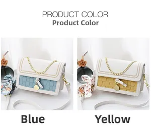 Detail of color contrast stitching and woven texture on blue and yellow crossbody bags