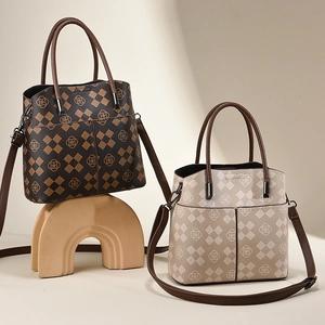 Elegant bucket bags in coffee and beige with geometric patterns and shoulder straps