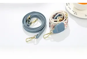 Detail of adjustable blue leather strap and colorful snowflake woven wide shoulder strap