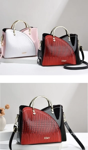Détails de la texture crocodile et du cuir verni avec logo en métal doré sur le sac