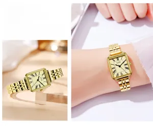 Elegant gold square watch with roman numerals and metallic chain strap shown on wrist