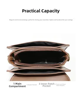 Top view of brown retro shoulder bag with multiple interior compartments and storage layers