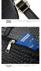 Detail of crocodile pattern bag with gold alloy buckle and anti-theft zipper pocket