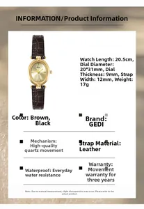 Detailed specs showing oval gold watch case and brown leather strap with size info