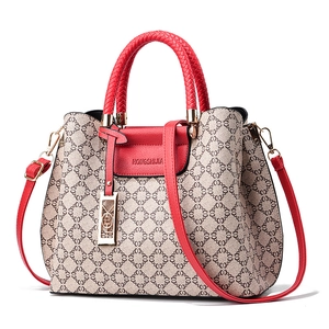 Chic cream and red crossbody handbag with geometric pattern and top handle for women