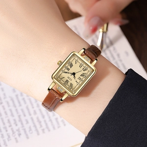 GEDI vintage square watch with gold case, Roman numerals and brown leather strap