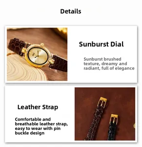 Detail of vintage oval gold watch with sunray texture dial and brown leather strap