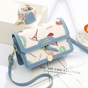 Travel Illustration Print Women Crossbody Bag PU Leather Vintage Small Square Shoulder Bag With Dual Straps